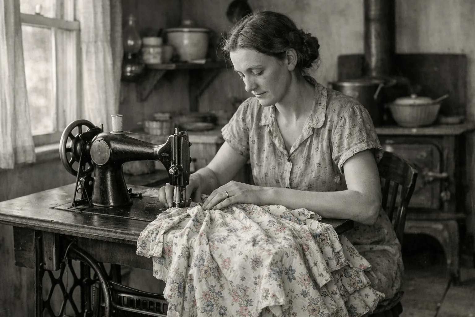 Depression-era American woman sewing a dress from printed cotton flour sack fabric at a treadle sewing machine, simple f