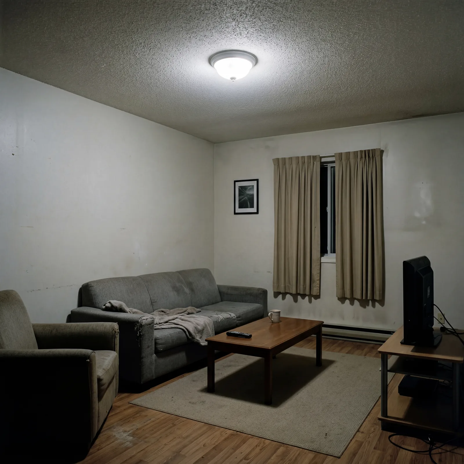 Living room lit only by a single central overhead light, harsh flat illumination, no lamps or accent lights, feeling cli