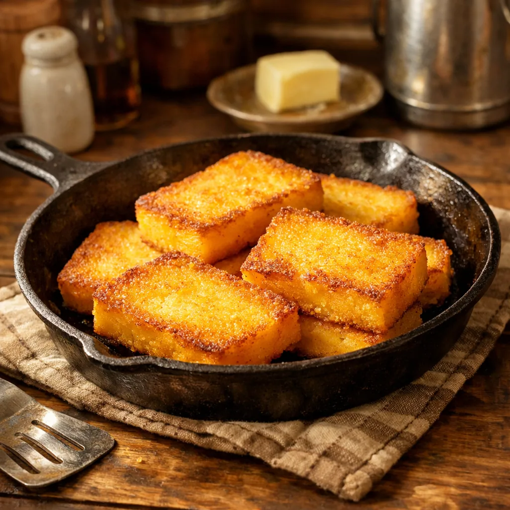 thick slices of golden-fried cornmeal mush in a well-seasoned cast iron skillet, slight crispy edges, rustic kitchen cou