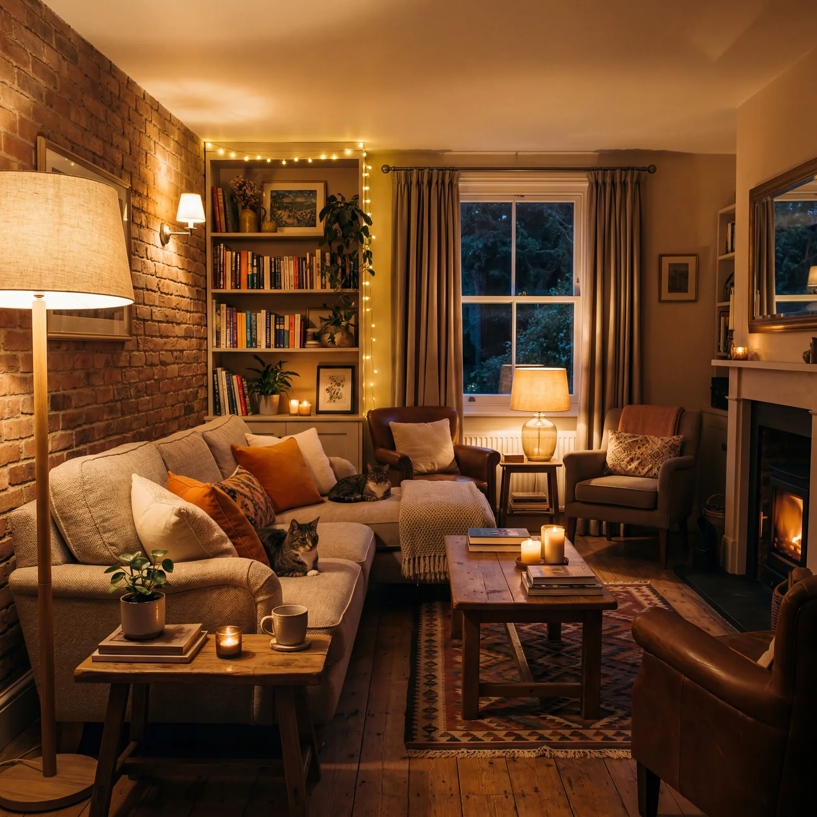 Warmly lit living room interior with consistent soft warm lighting across all fixtures, no blue or yellow contrast betwe