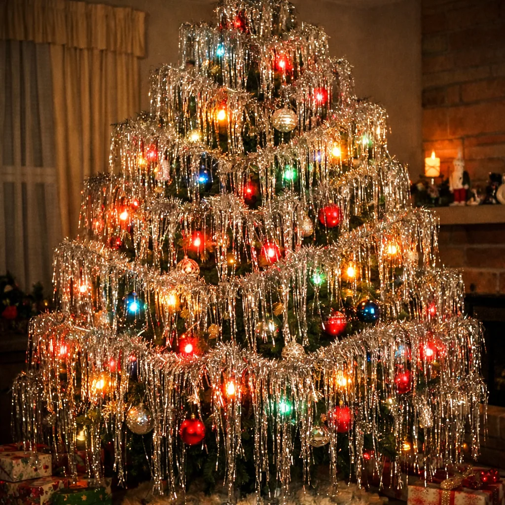 A 1960s Christmas tree heavily draped in silver metallic tinsel, each strand hanging individually, catching the warm lig