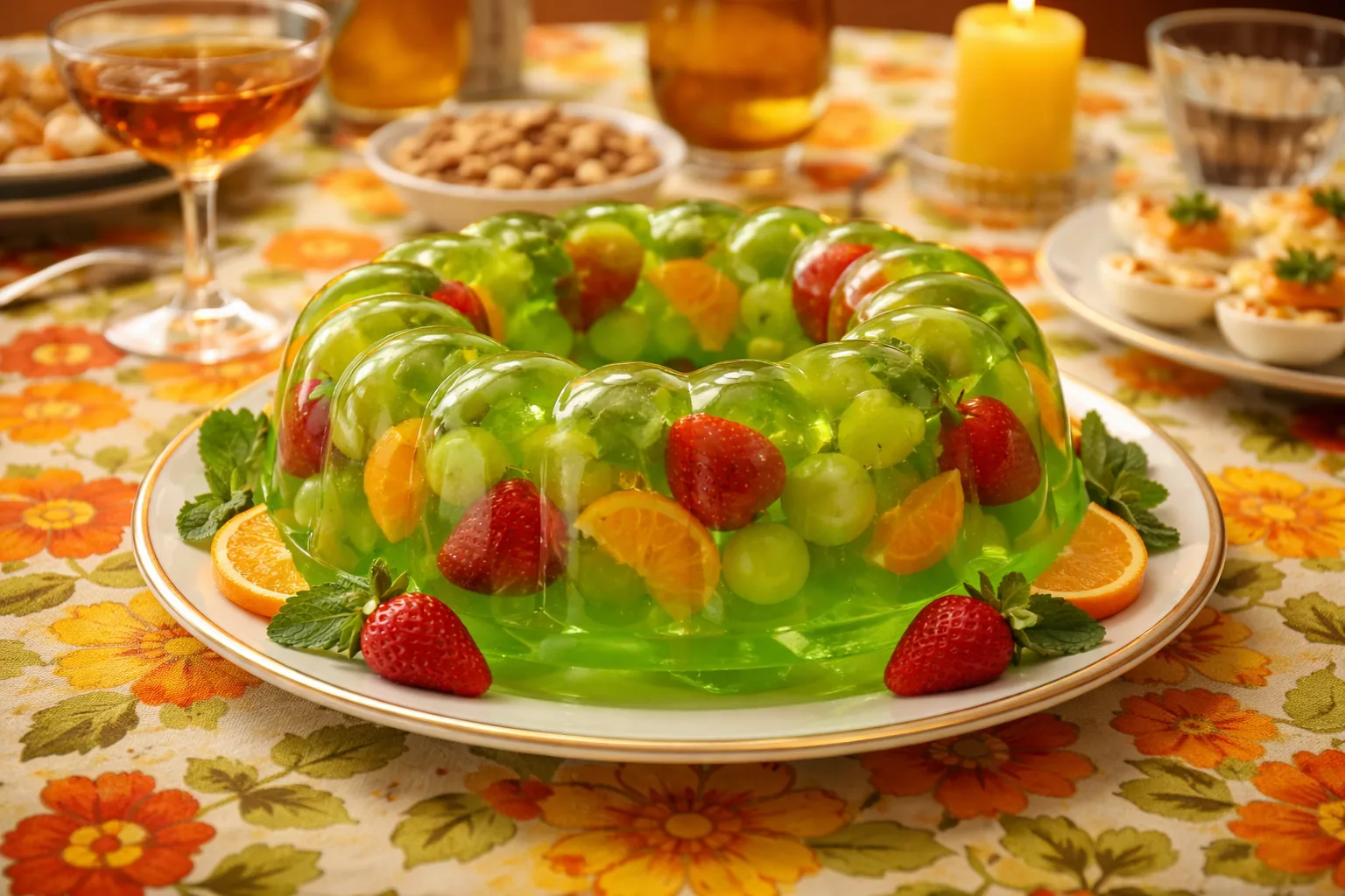 Colorful 1970s lime green Jell-O mould with fruit suspended inside on a dinner party table, retro floral tablecloth