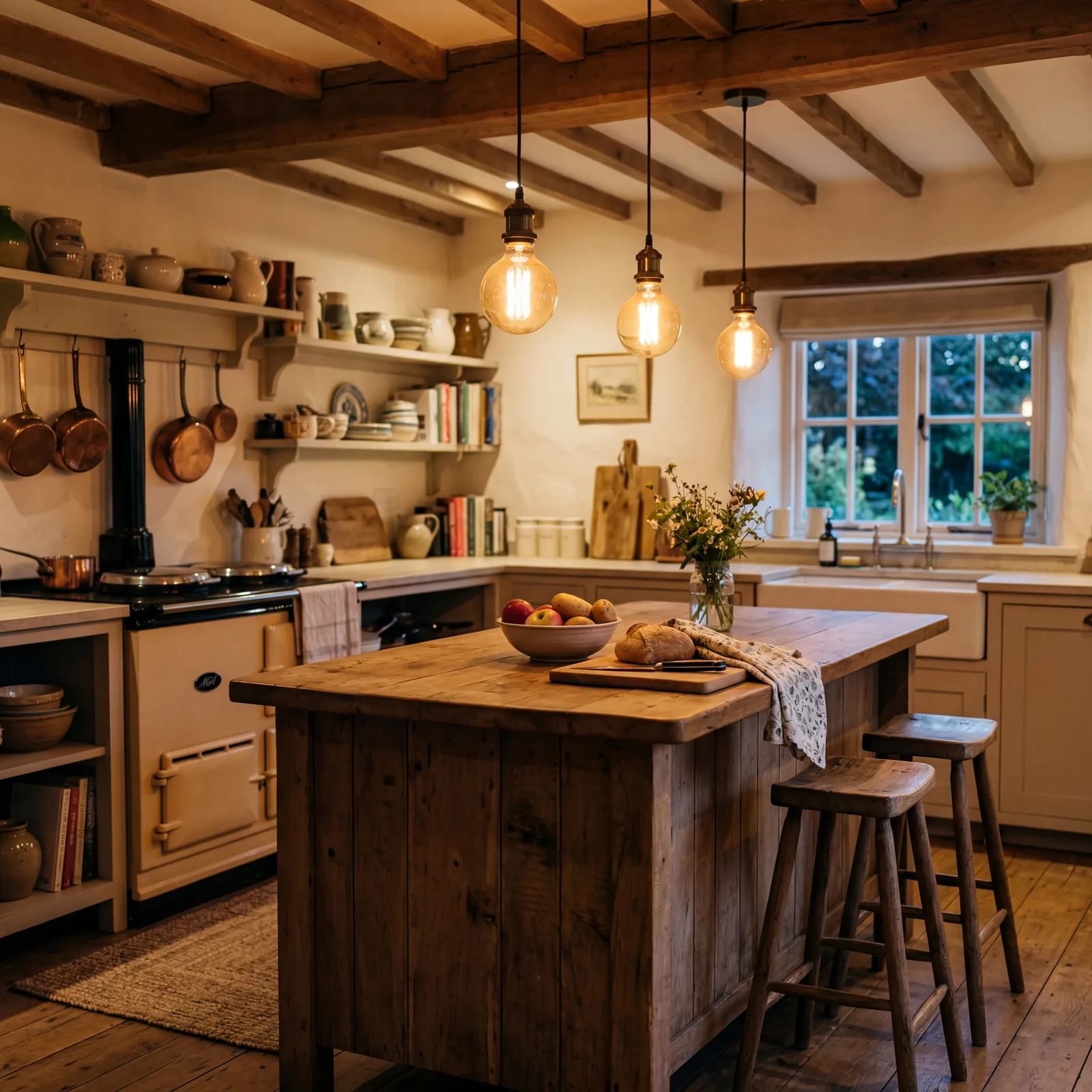Farmhouse kitchen with warm vintage-style Edison bulb pendant lights hanging over a wooden island, evening light, soft s