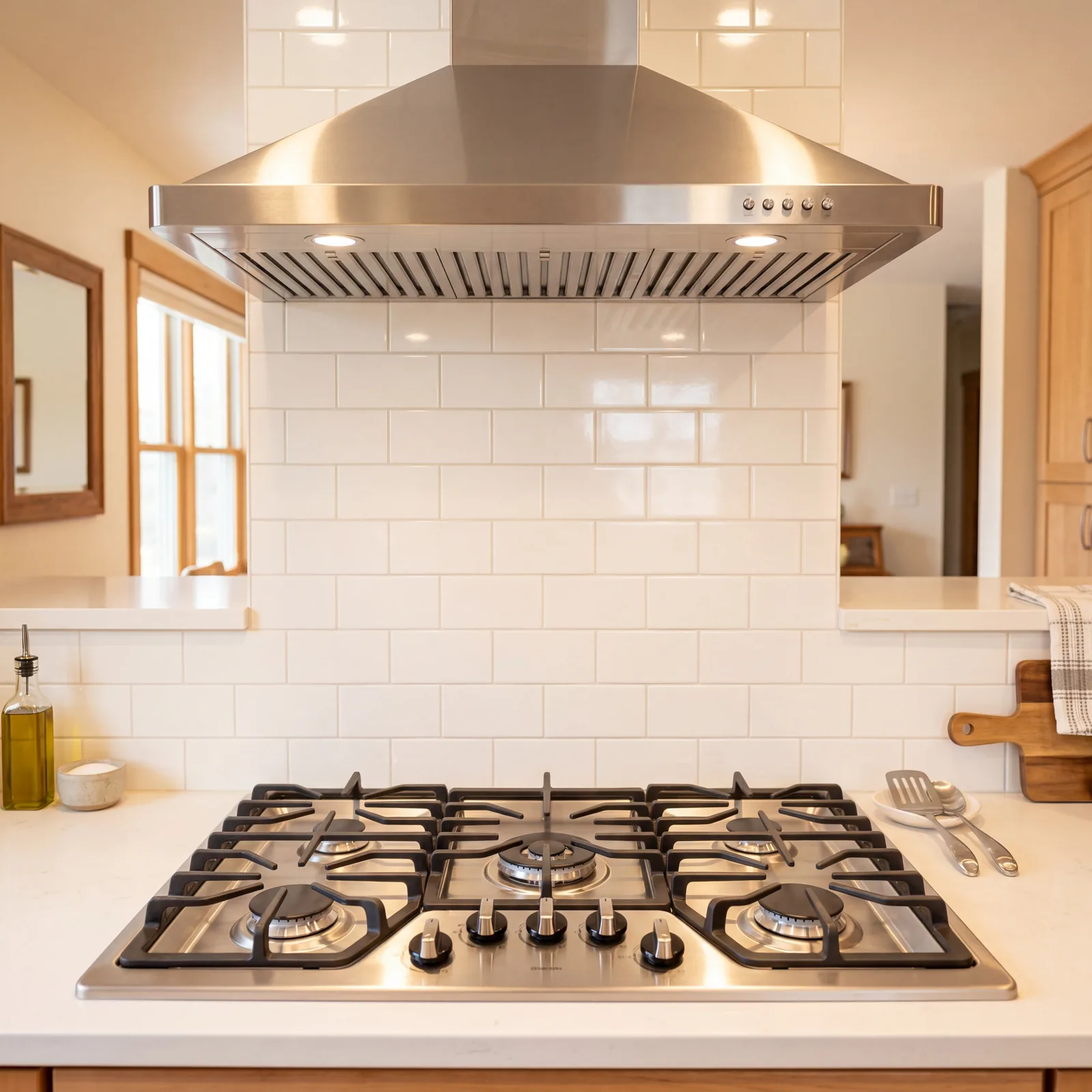 Gleaming clean kitchen stove and range hood, sparkling cooktop, warm kitchen light from above, uncluttered countertops