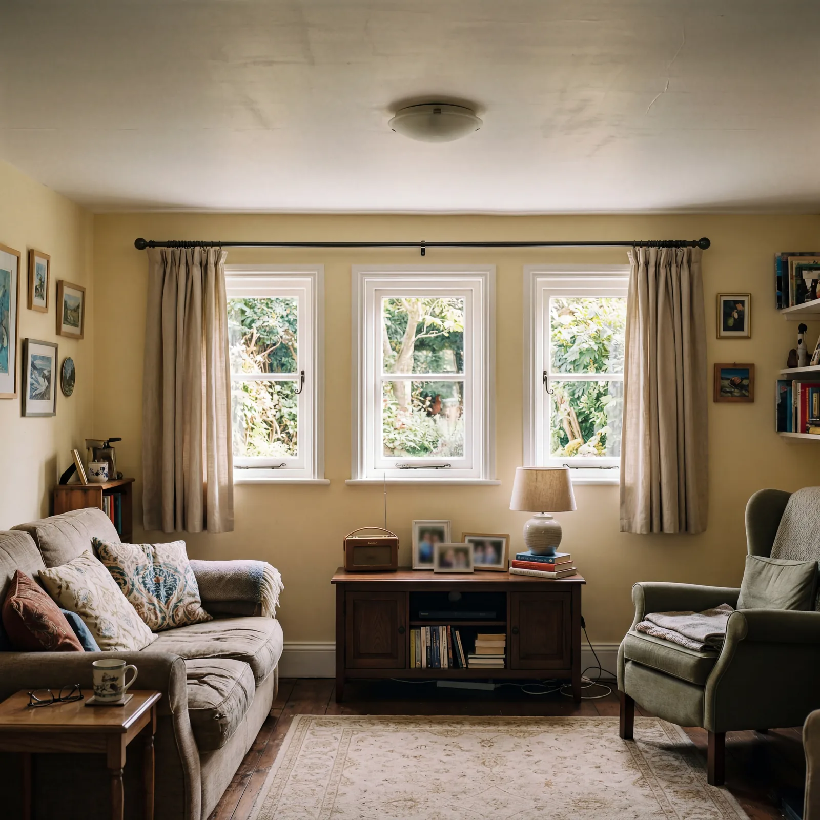 Living room with curtains hung just above the window frame stopping short of the floor, ceiling looking low and windows 