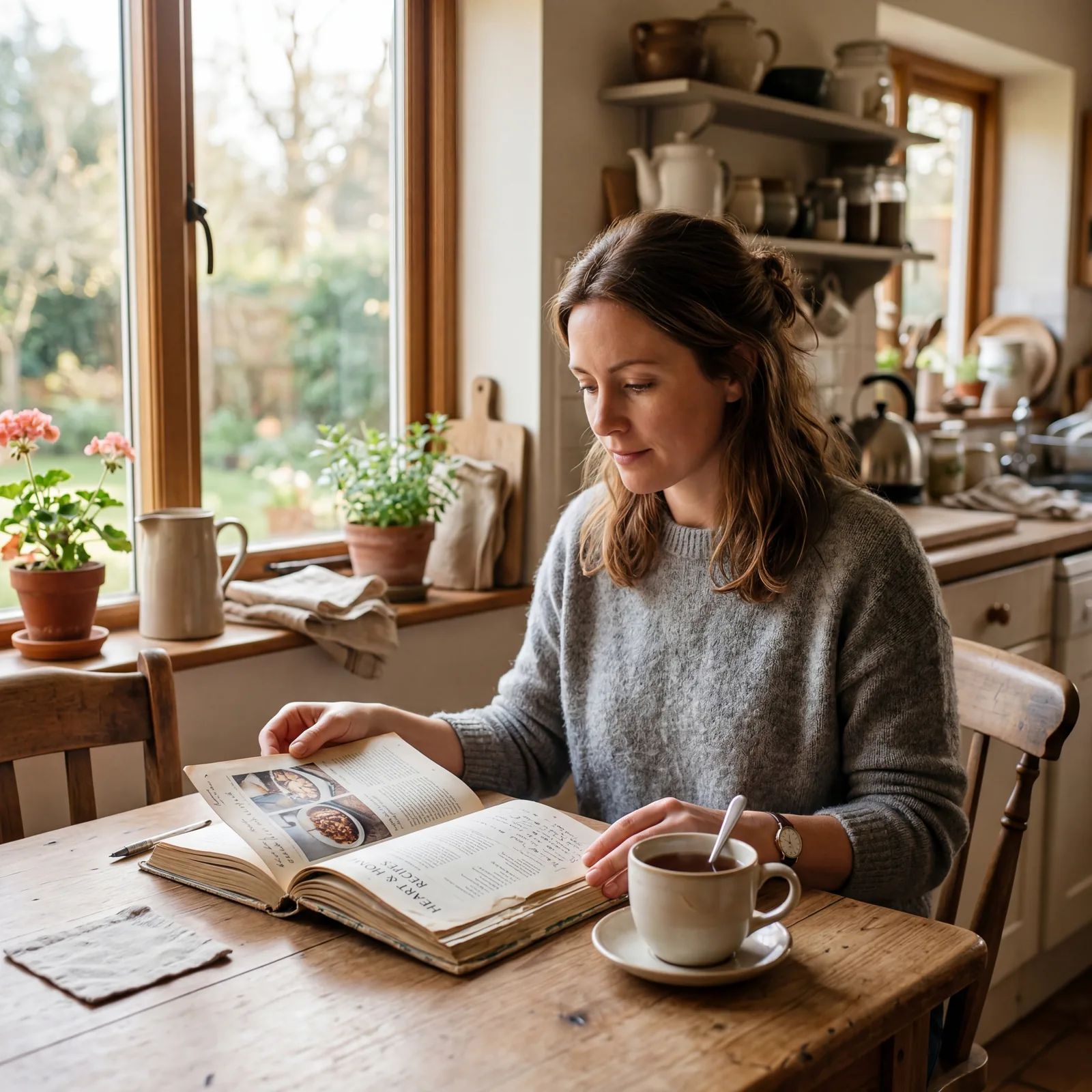 Person sitting at a kitchen table reading a recipe book with a cup of tea, relaxed morning light, warm and quiet domesti