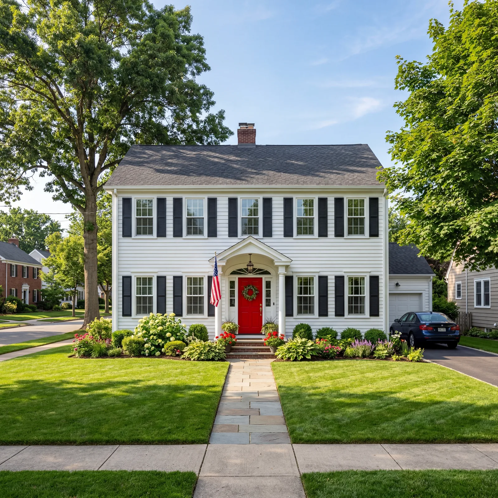 White clapboard colonial home with a bright red front door, black shutters, a well-kept green lawn, bright afternoon sun