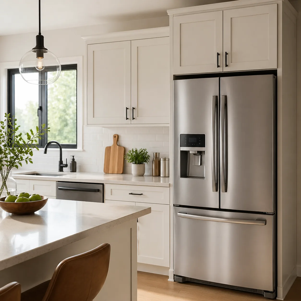Clean modern kitchen with refrigerator top completely clear, bright natural light