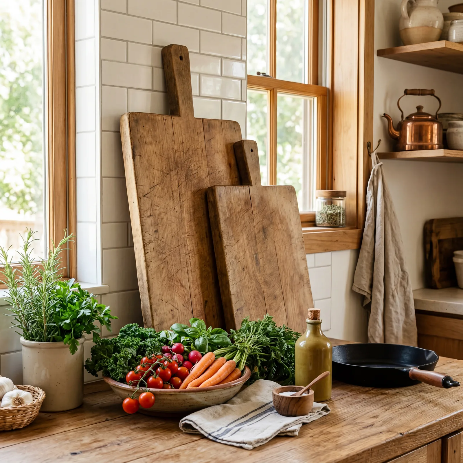 Farmhouse kitchen counter with two large wooden cutting boards leaning upright against the backsplash, fresh vegetables 