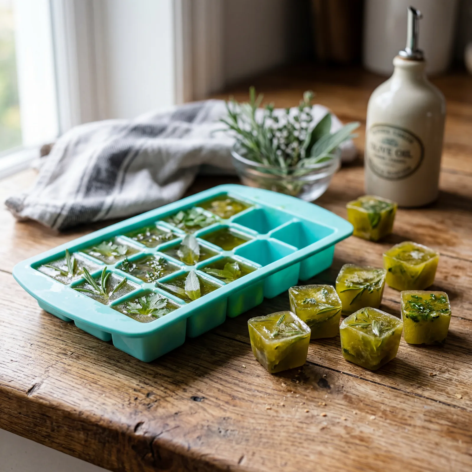 Ice cube tray filled with frozen olive oil and fresh herbs on a wooden kitchen counter, some cubes already popped out, n