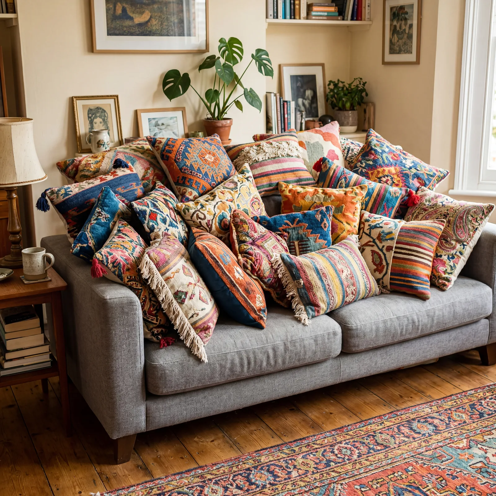 Living room sofa overloaded with throw pillows in many different patterns and colors, chaotic and visually busy