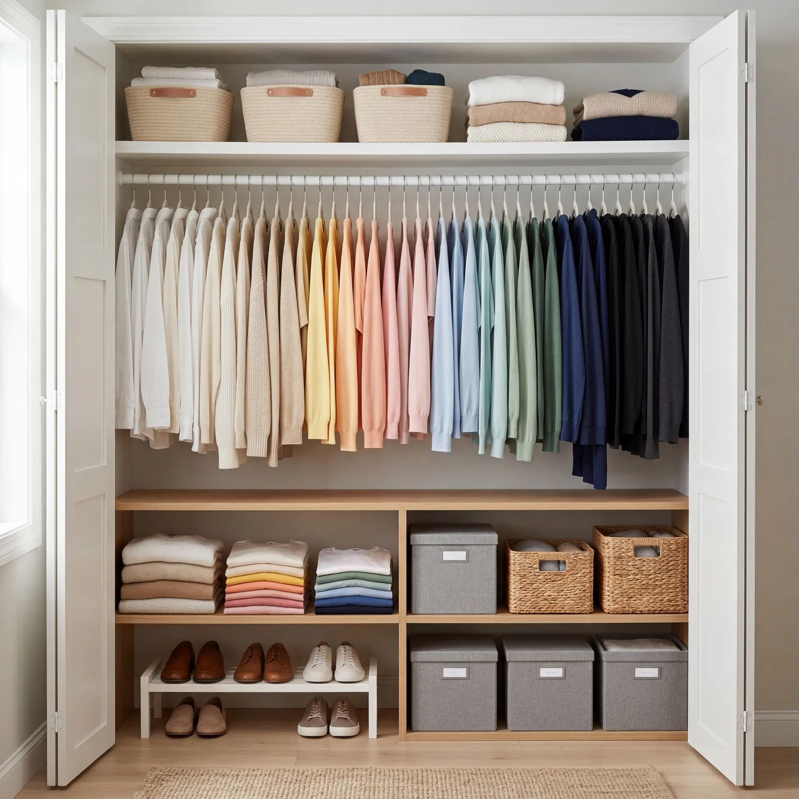Neatly organized bedroom closet with matching slim white hangers, clothes arranged by color, soft light from a nearby wi