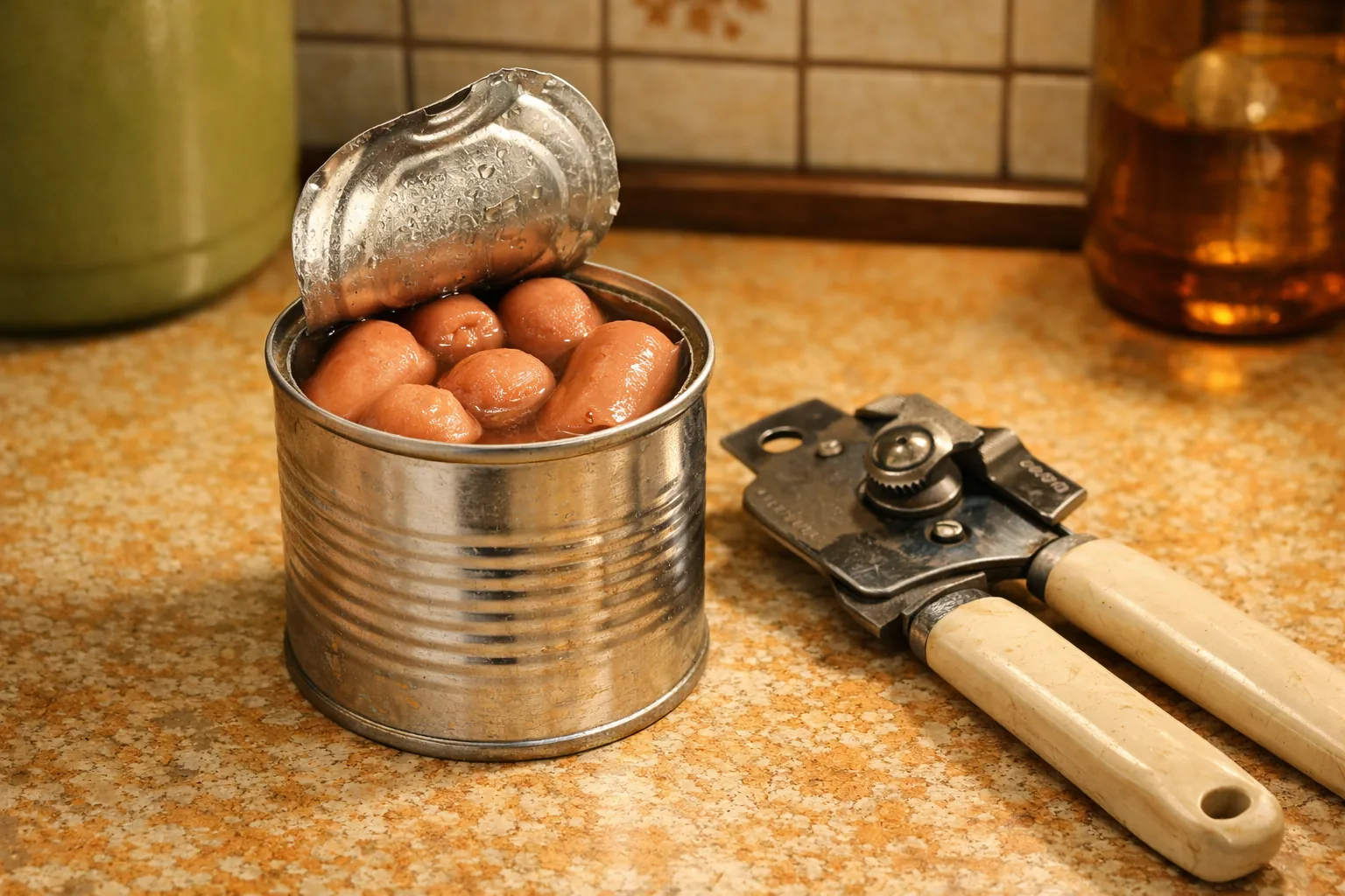 Open can of Vienna sausages on a 1970s kitchen counter next to a tin opener, warm indoor light