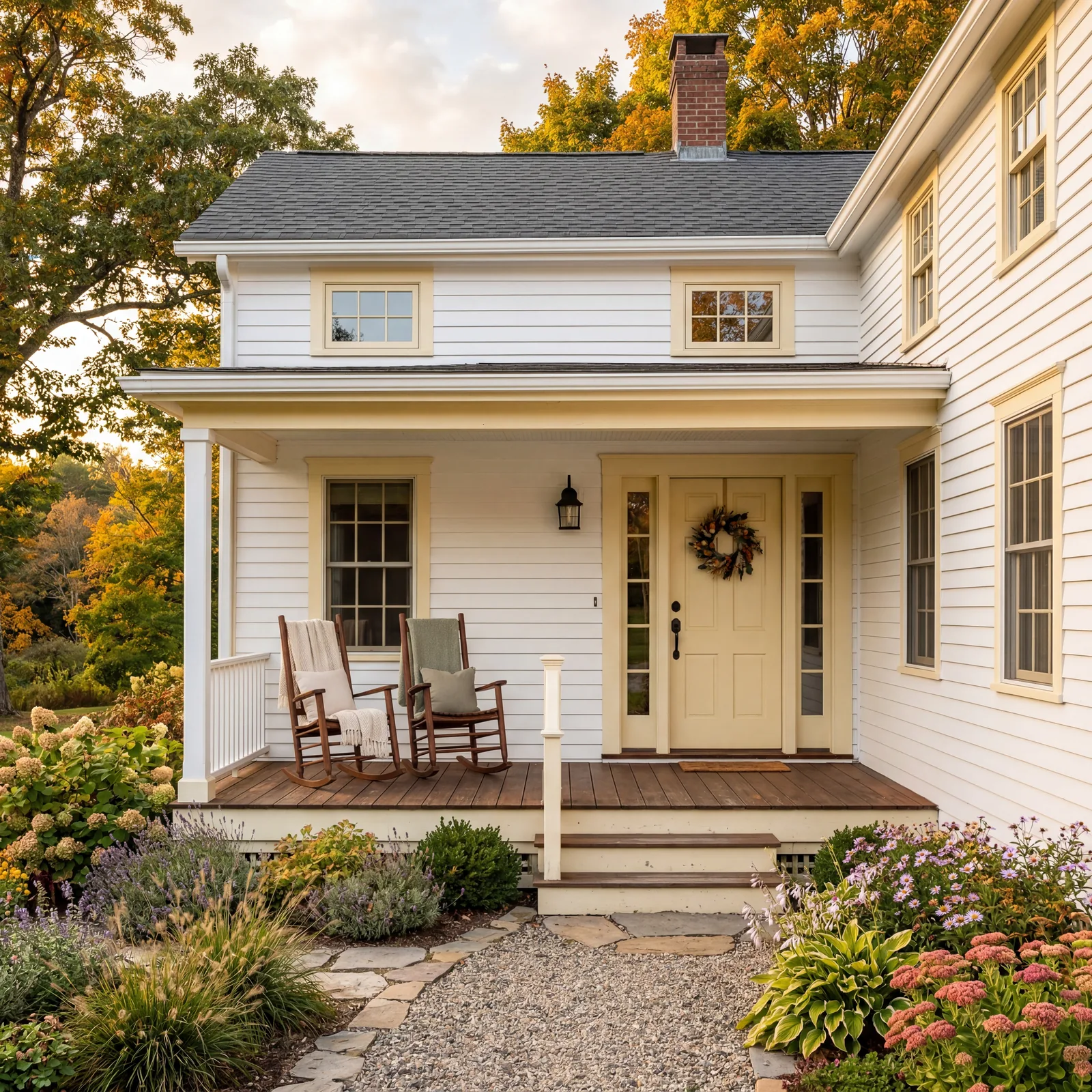 White farmhouse exterior with pale yellow painted door and window trim, black hardware, simple wooden porch with rocking