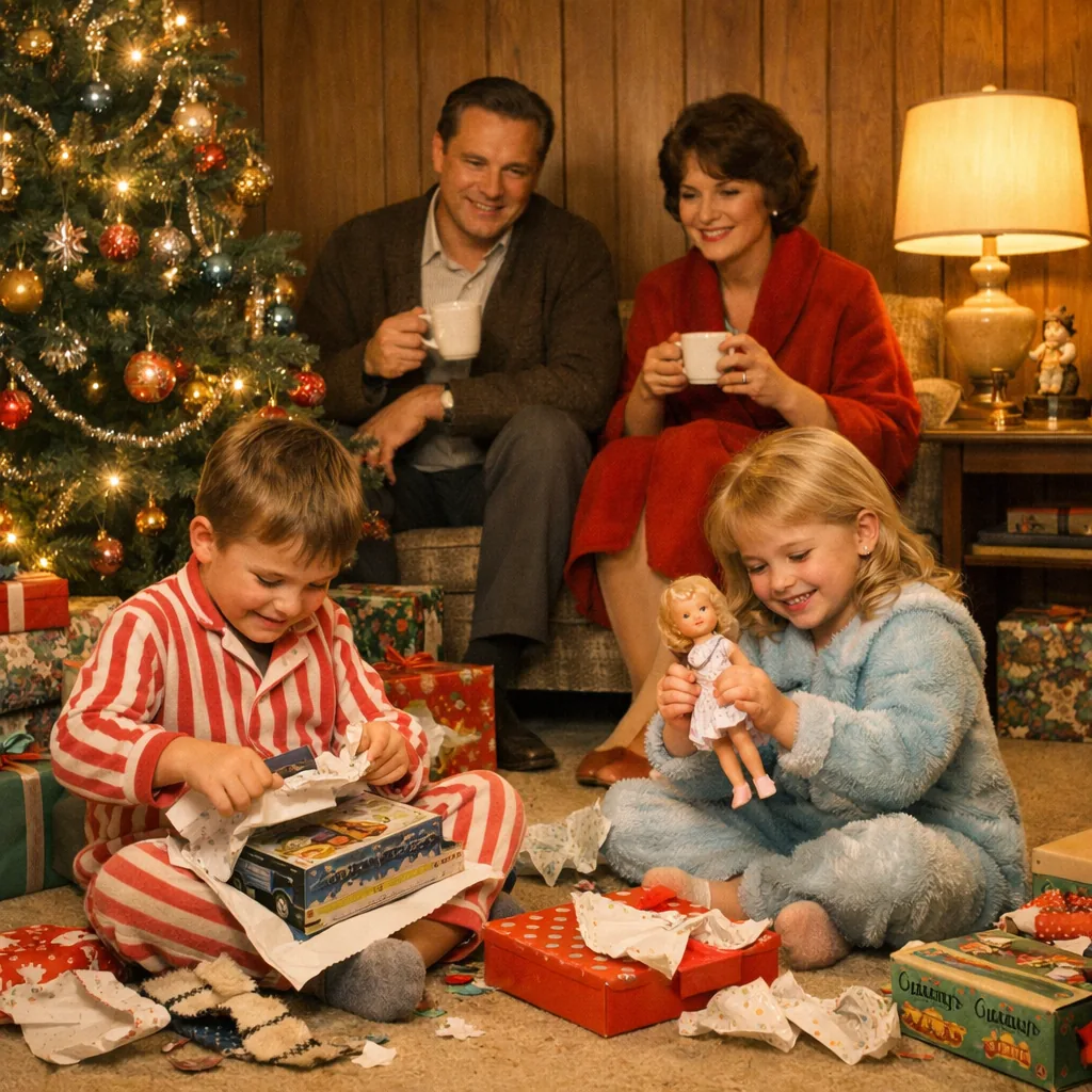 A 1960s family gathered around a Christmas tree on Christmas Eve, children in pajamas unwrapping gifts, warm lamplight, 