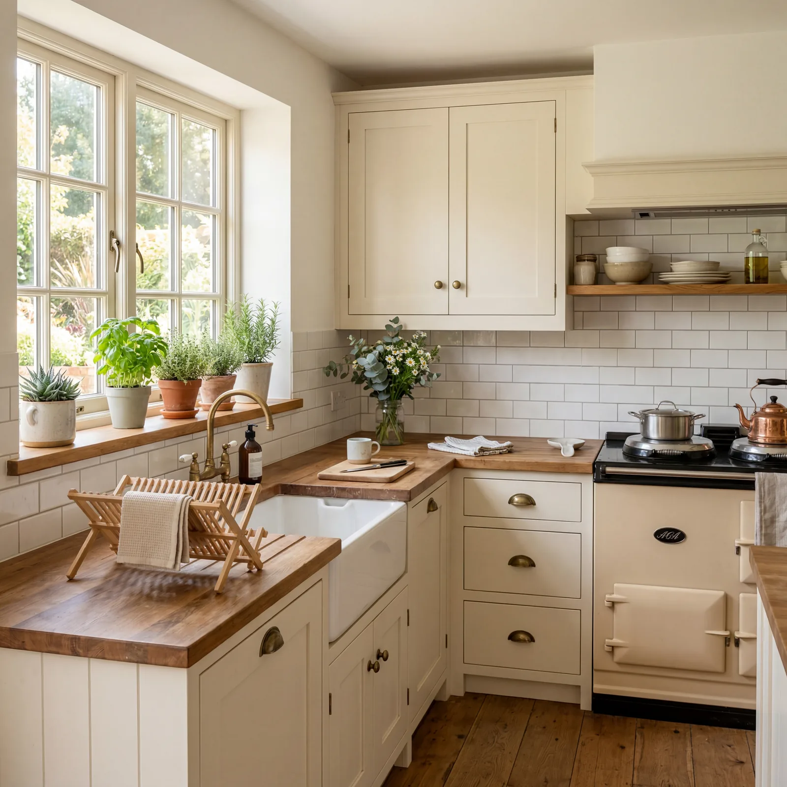 Bright farmhouse kitchen with simple white 3x6 subway tile backsplash, cream cabinets, warm morning light through a wind