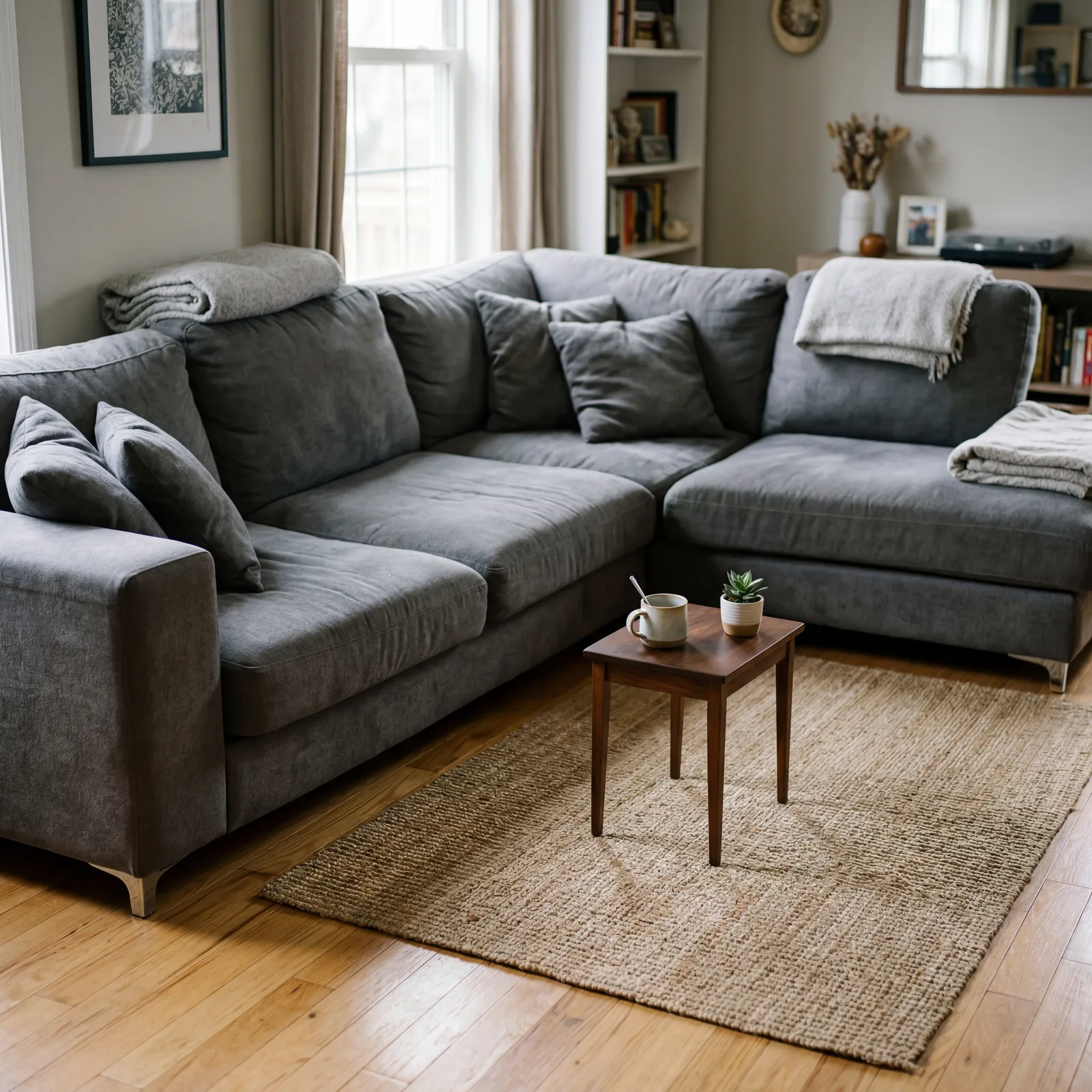 Large sectional sofa with a tiny coffee table in front of it looking completely out of scale, disproportionate and awkwa