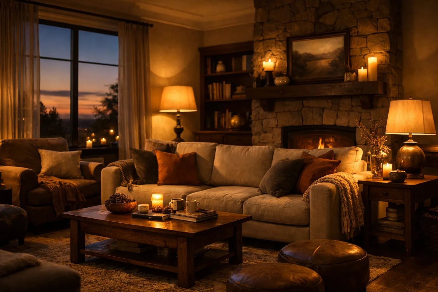 Living room in warm dimmed lighting at dusk, cozy and elegant atmosphere
