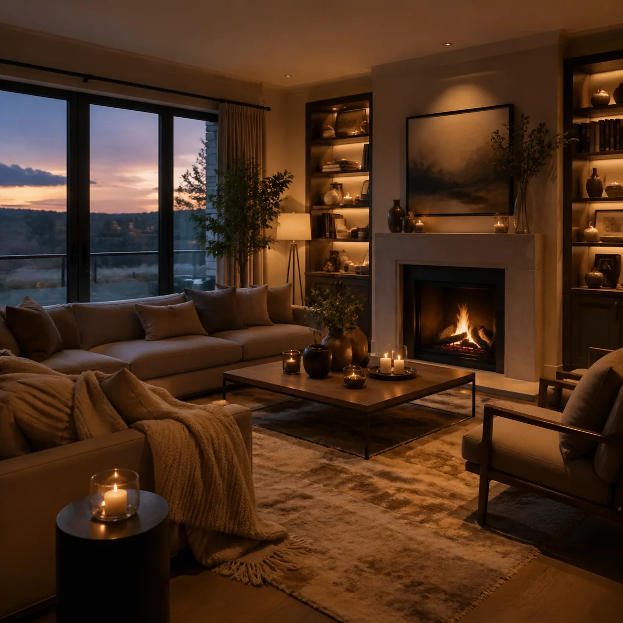 Living room in warm dimmed lighting at dusk, cozy and elegant atmosphere