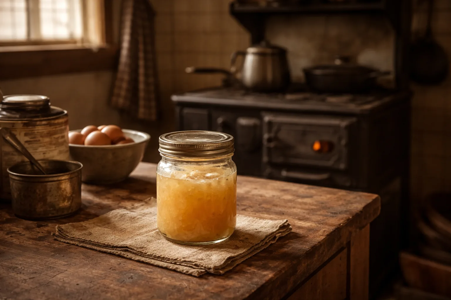 Small glass jar of rendered cooking fat on a Depression-era kitchen counter next to a wood stove, simple kitchen interio