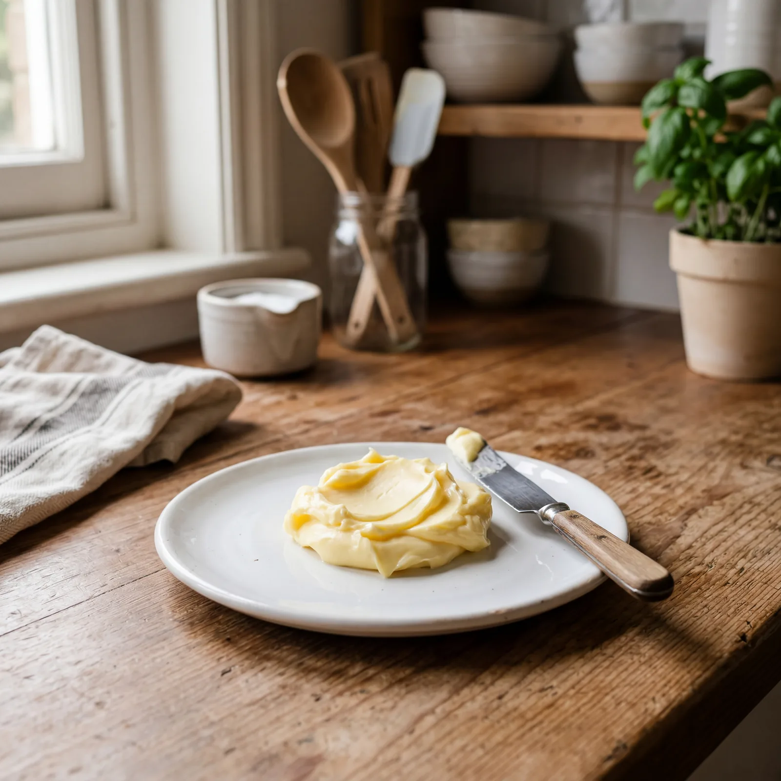 Softened butter on a small white plate on a kitchen counter, soft natural light, casual home kitchen setting