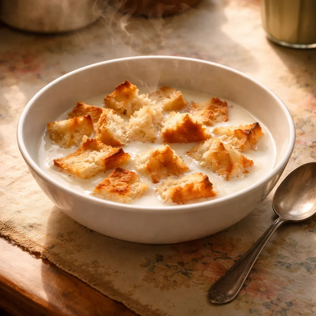 torn pieces of white toast floating in warm whole milk in a shallow bowl, slight steam, simple white ceramic bowl, kitch