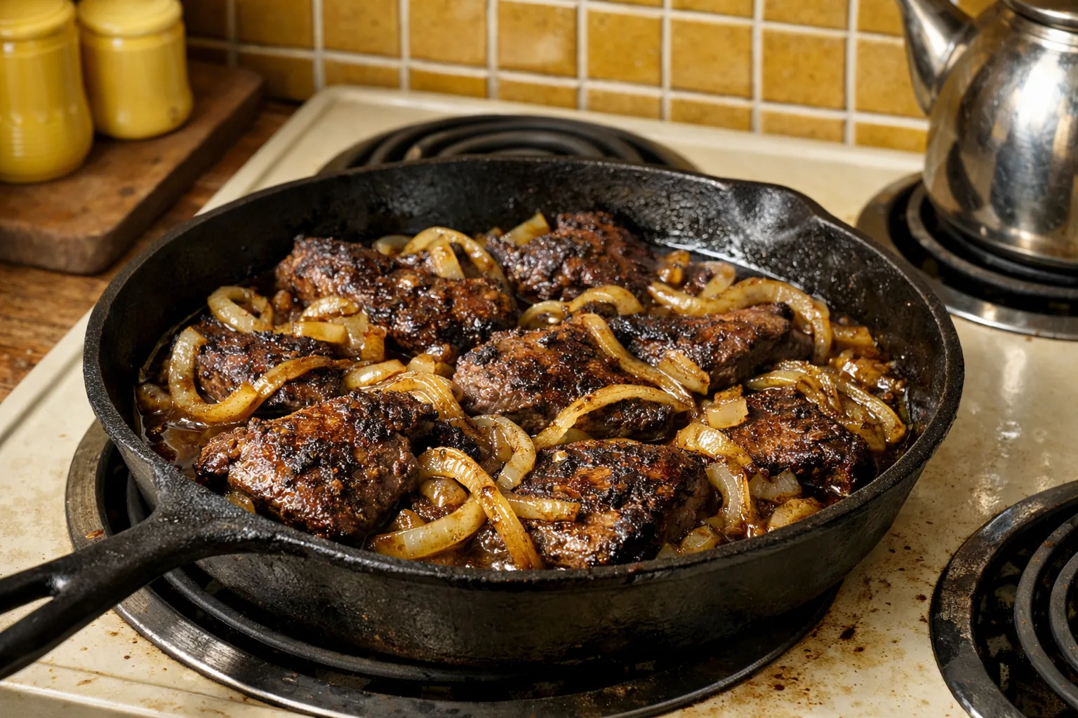 Cast iron pan of liver and onions with caramelized onions, browned crust on the liver, on a 1970s stovetop with harvest 