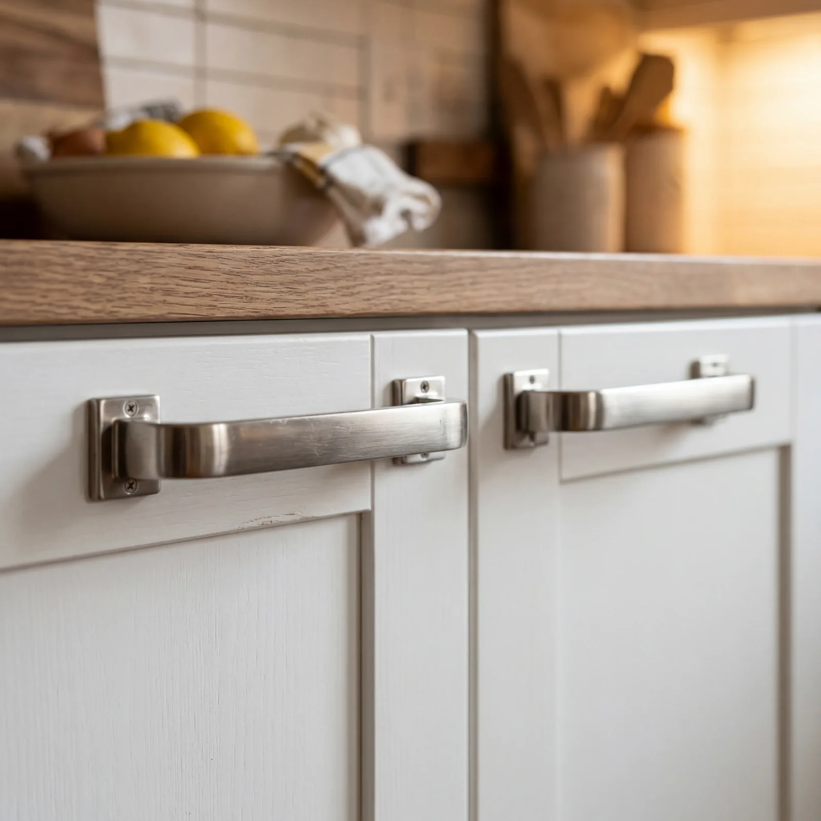 Close-up of modern brushed nickel cabinet handles on white painted kitchen cabinets, warm kitchen interior light