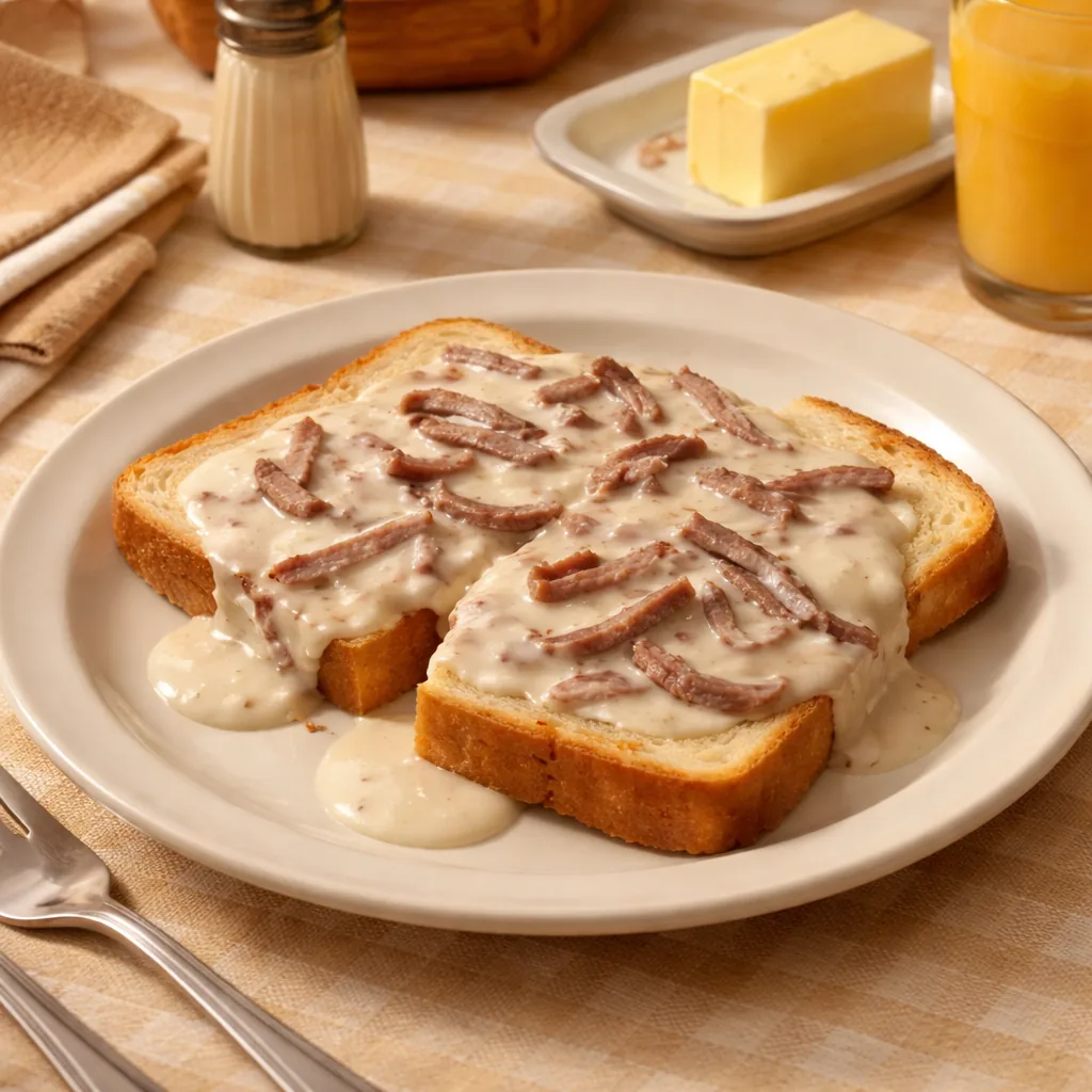 creamy white gravy with thin strips of dried beef poured over two slices of white toast on a plain plate, simple kitchen