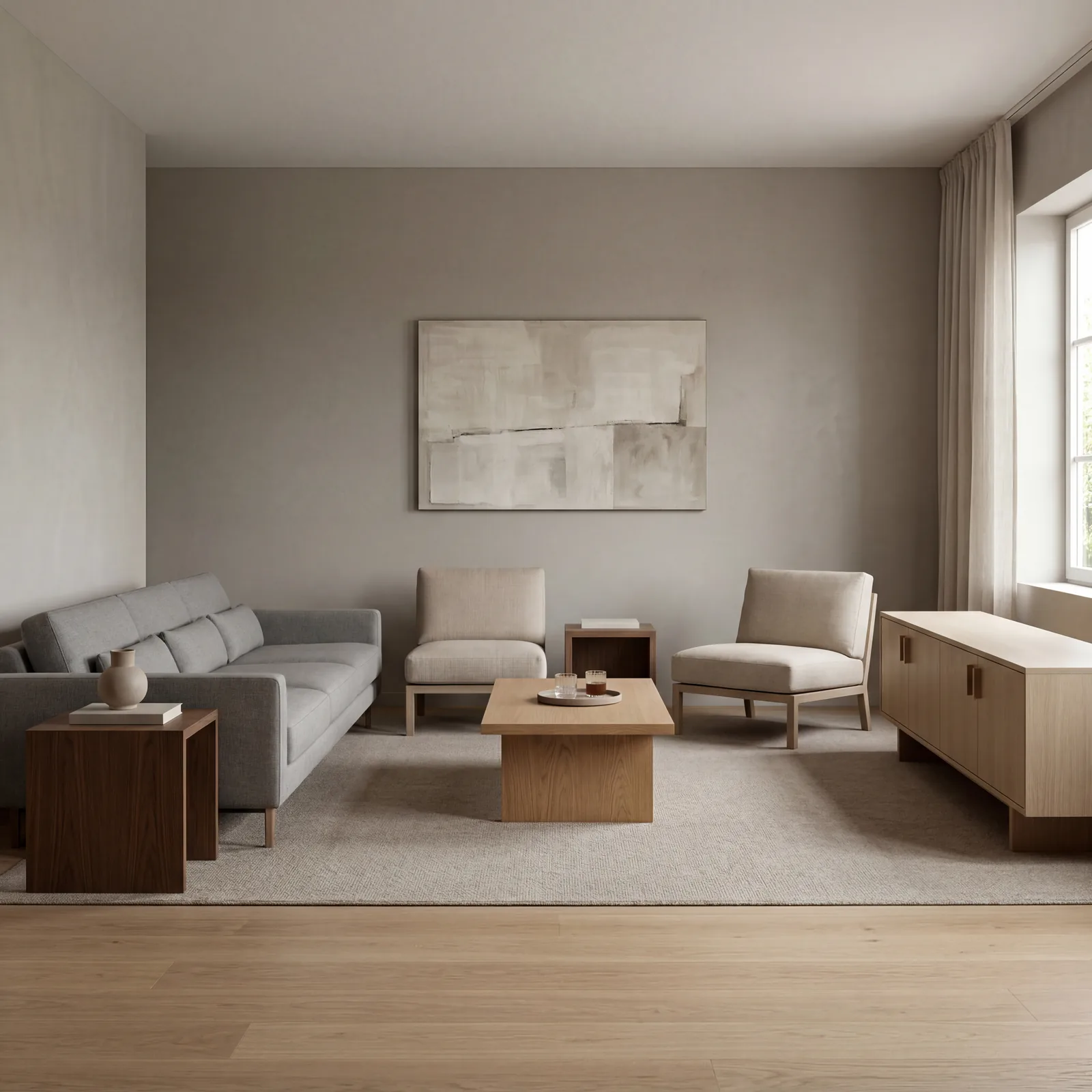 Living room where every piece of furniture — sofa, chairs, tables — sits at the exact same visual height, feeling flat a