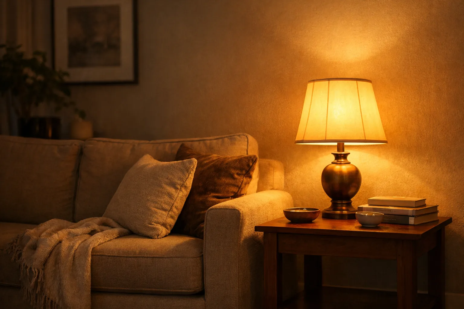 Living room with warm glowing table lamp beside a couch, golden warm light