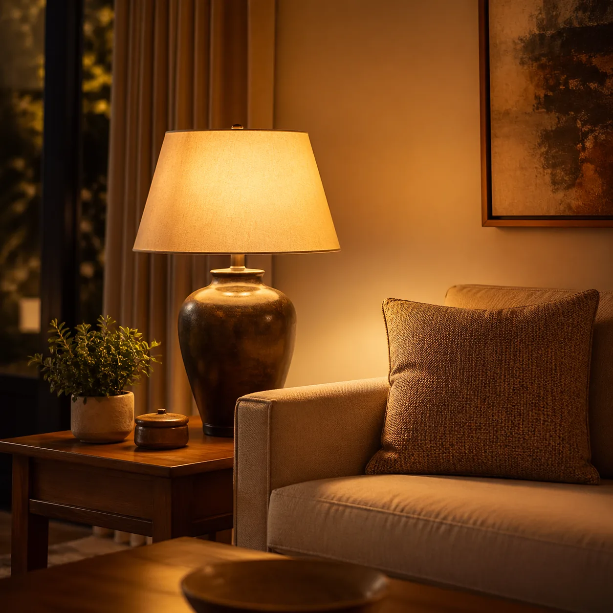Living room with warm glowing table lamp beside a couch, golden warm light