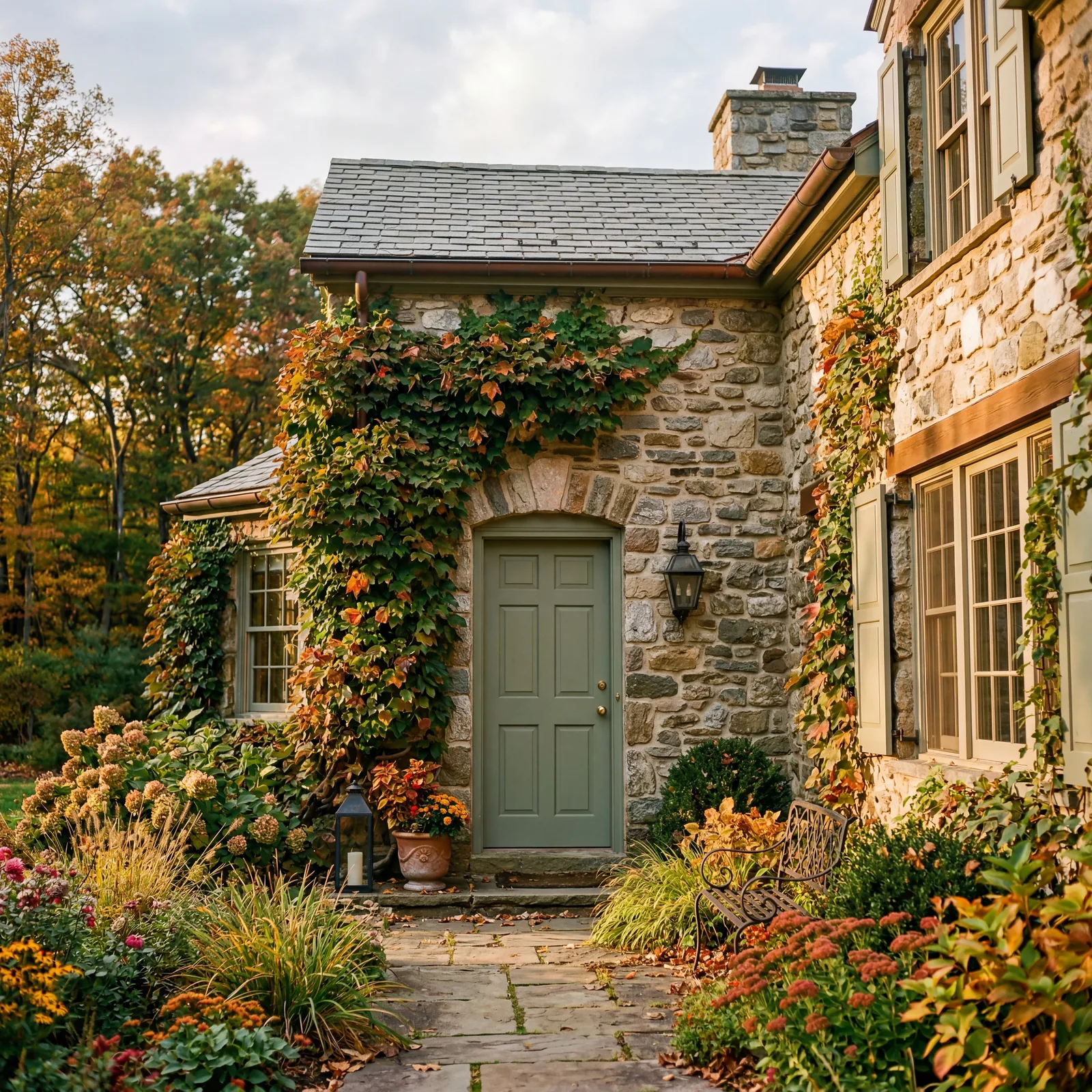 Natural fieldstone exterior home with a sage green painted front door, black iron fixtures, climbing vines on the stone 