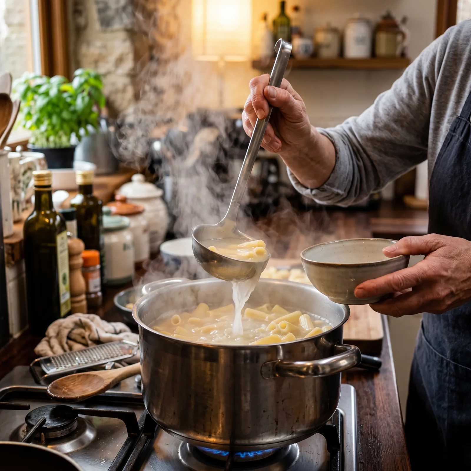 Person using a ladle to scoop starchy pasta water from a pot before draining, steam rising, warm kitchen, focused hands