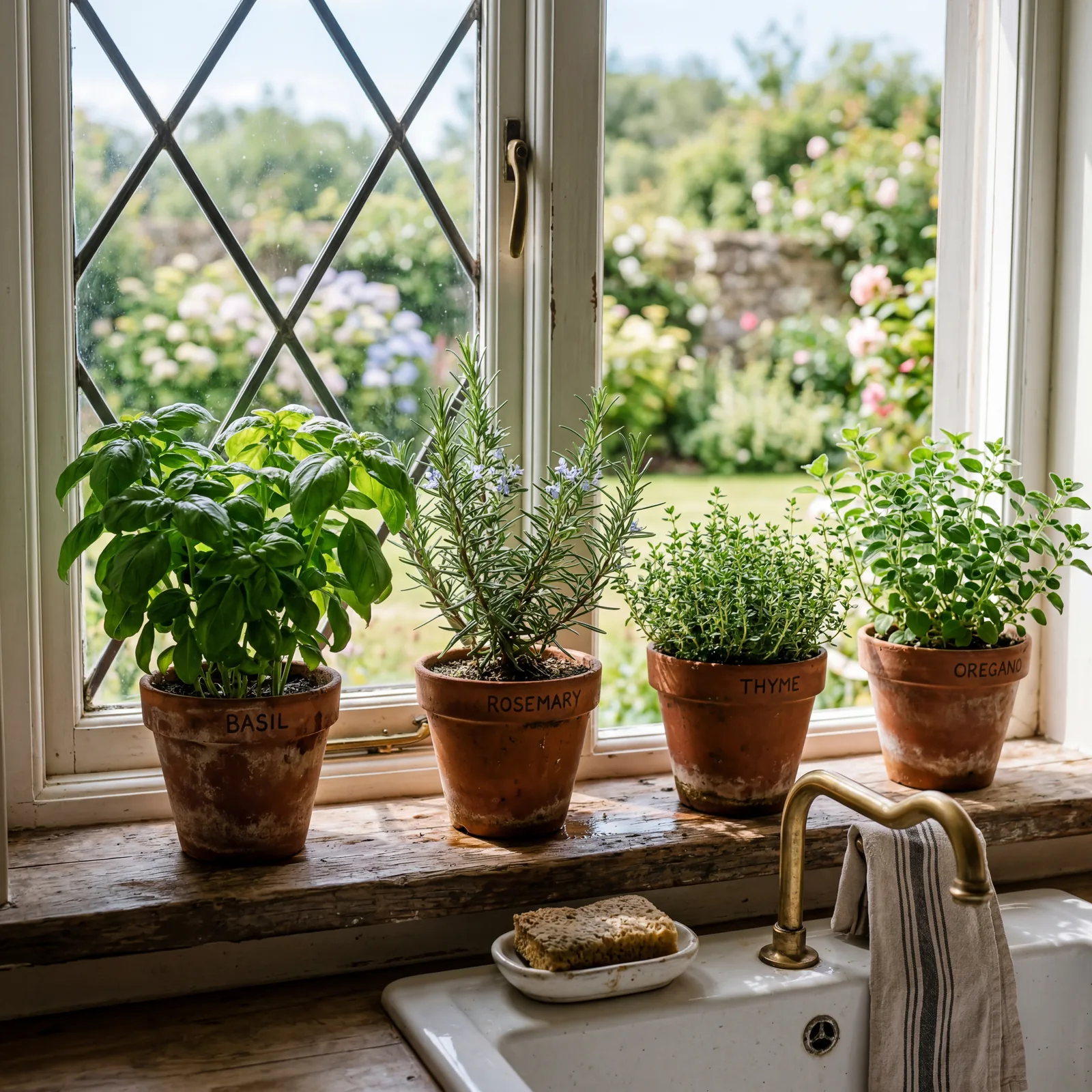 Small herb garden in terracotta pots on a farmhouse kitchen windowsill above the sink, fresh basil and rosemary in morni