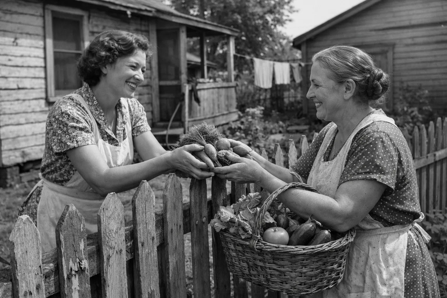 Two 1930s era American women at a fence between yards, one handing vegetables to the other, modest Depression-era homes,