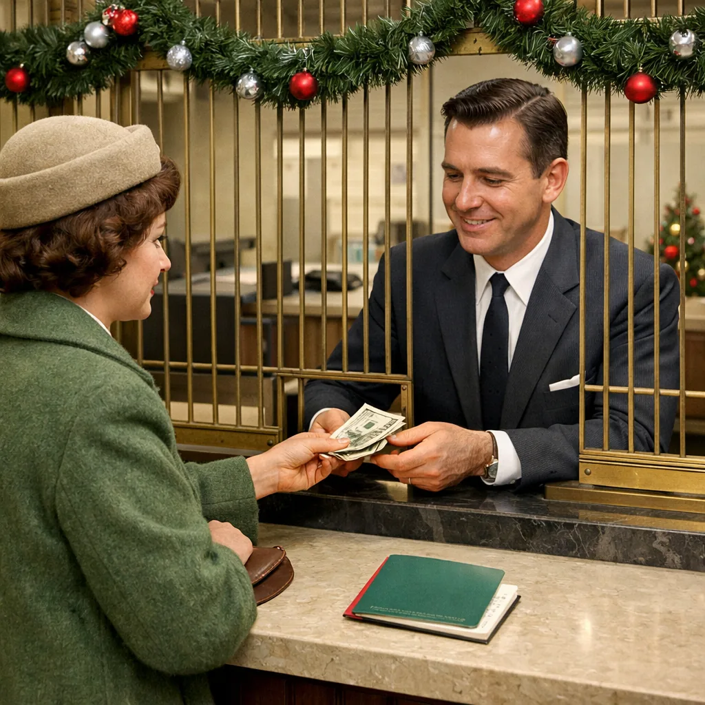 A 1960s bank teller window decorated with Christmas garland, a woman handing over cash to a teller in a suit, a small Ch