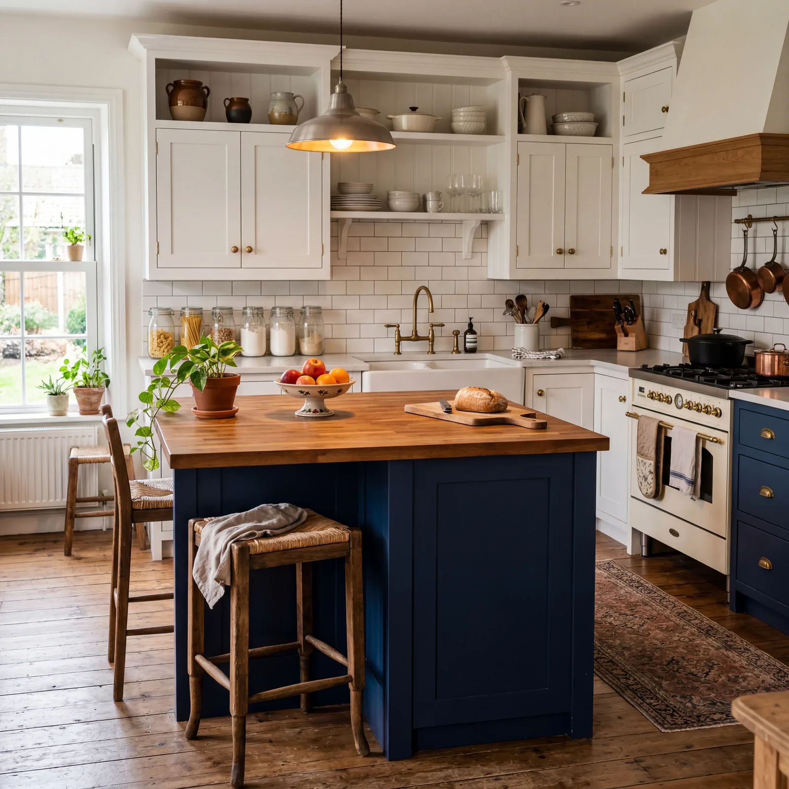 Farmhouse kitchen with a navy blue painted kitchen island contrasting with white upper cabinets, butcher block top, warm