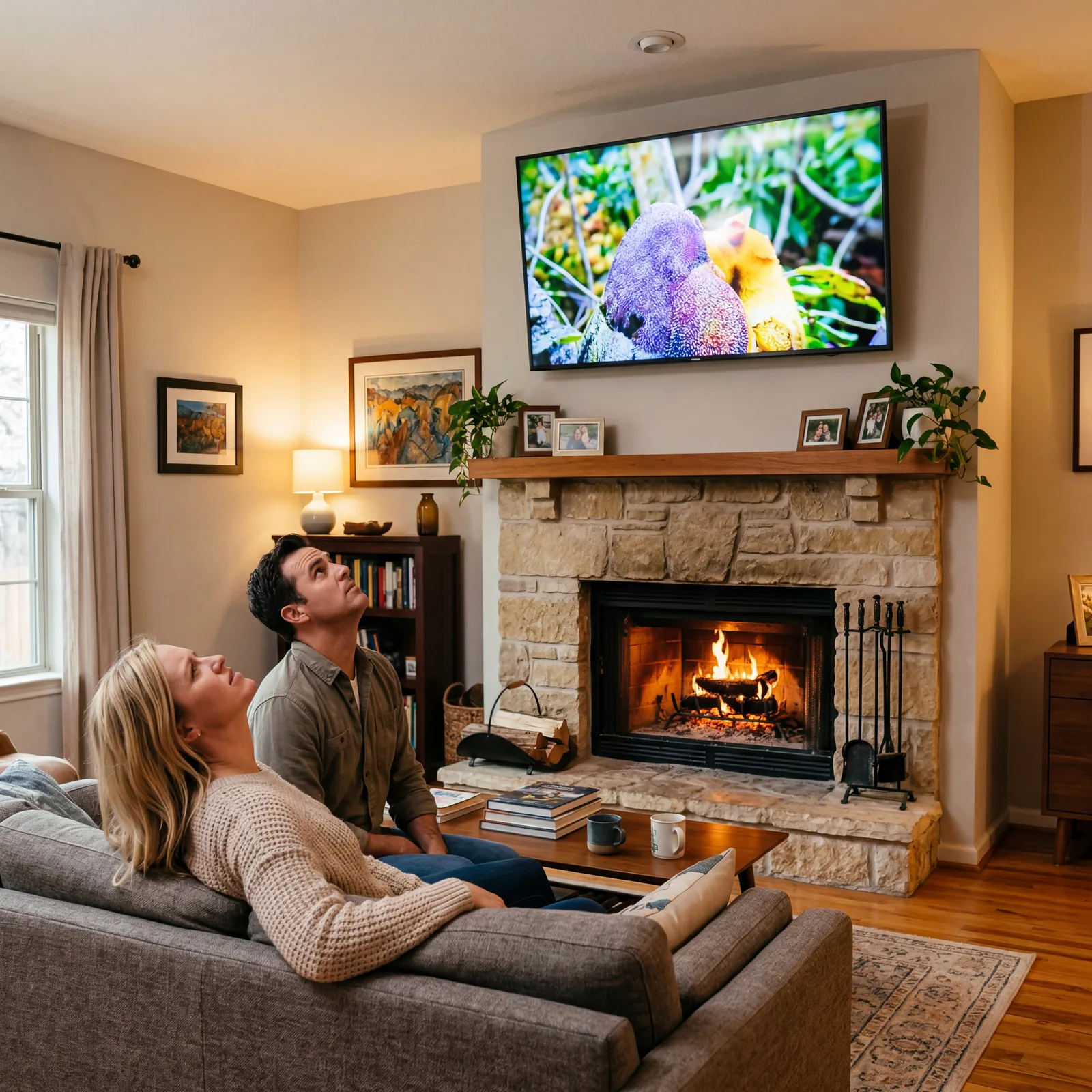 Living room with a flat screen TV mounted very high on the wall above a fireplace, causing viewers to look up uncomforta