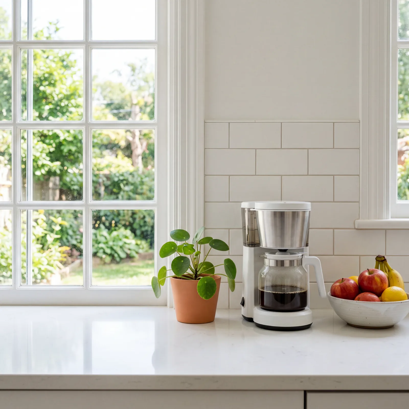 Uncluttered white kitchen countertop with only a small plant, a coffee maker, and a fruit bowl visible, bright natural l