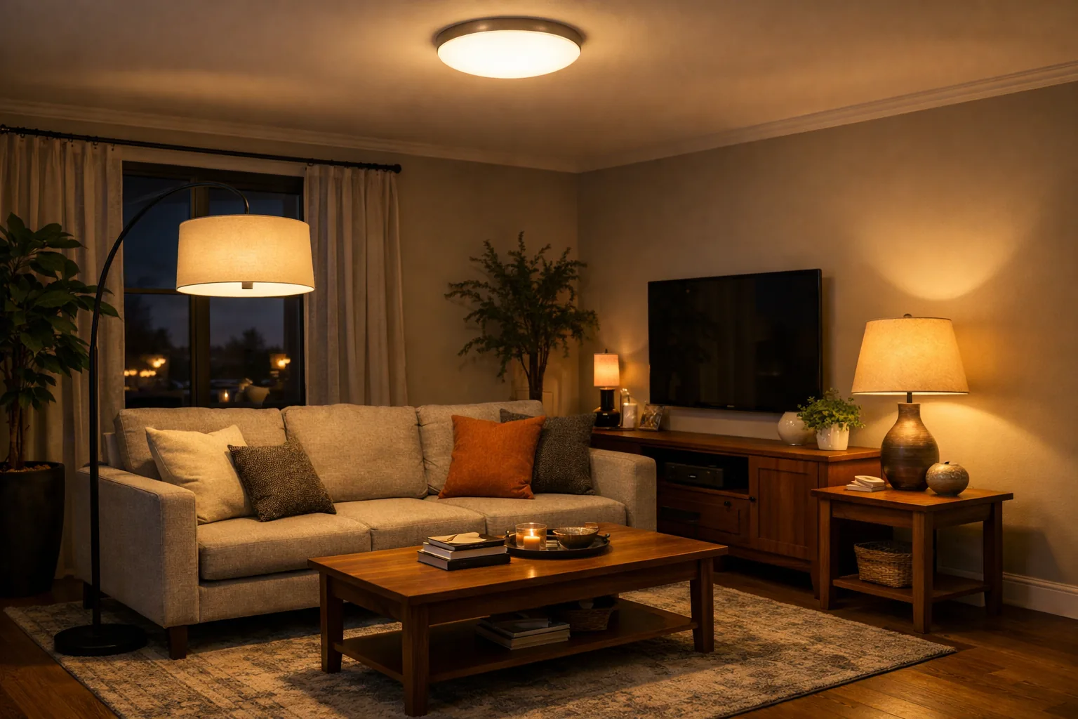 Well-lit living room showing overhead light, floor lamp, and table lamp all working together, evening interior