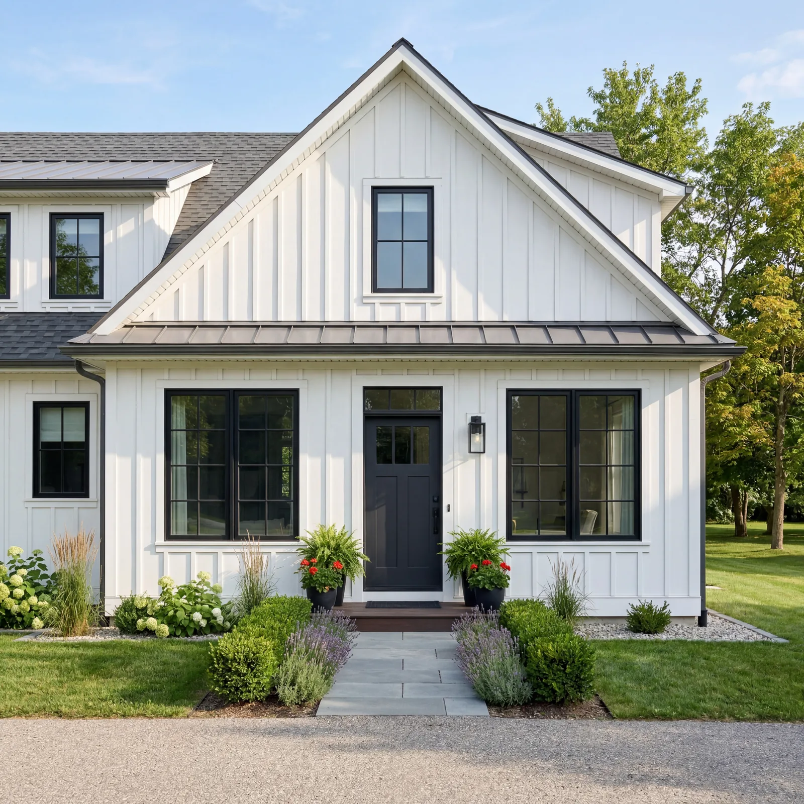 White board and batten modern farmhouse exterior with a dark charcoal front door, black window frames, simple clean land