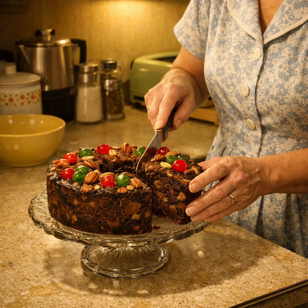 A 1960s kitchen counter with a dark dense fruitcake on a cake plate, decorated with candied cherries and nuts, a woman i