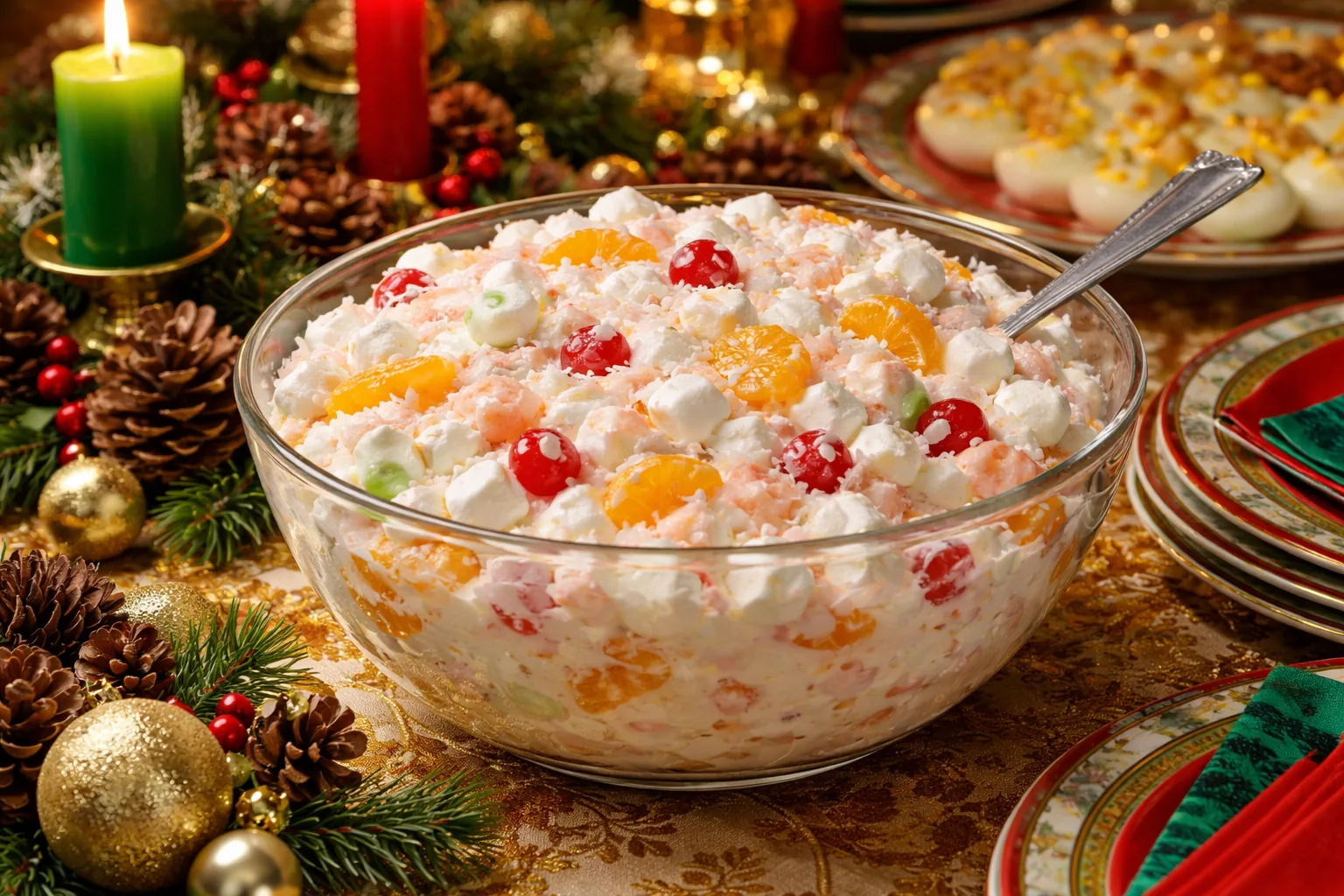 Bowl of ambrosia salad with mini marshmallows, mandarin oranges, shredded coconut, and whipped topping on a 1970s holida