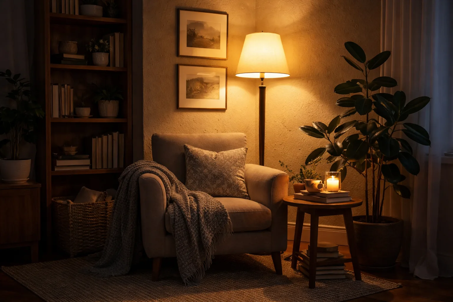 Cozy corner of a living room with a floor lamp illuminating a dark corner, armchair nearby, warm light