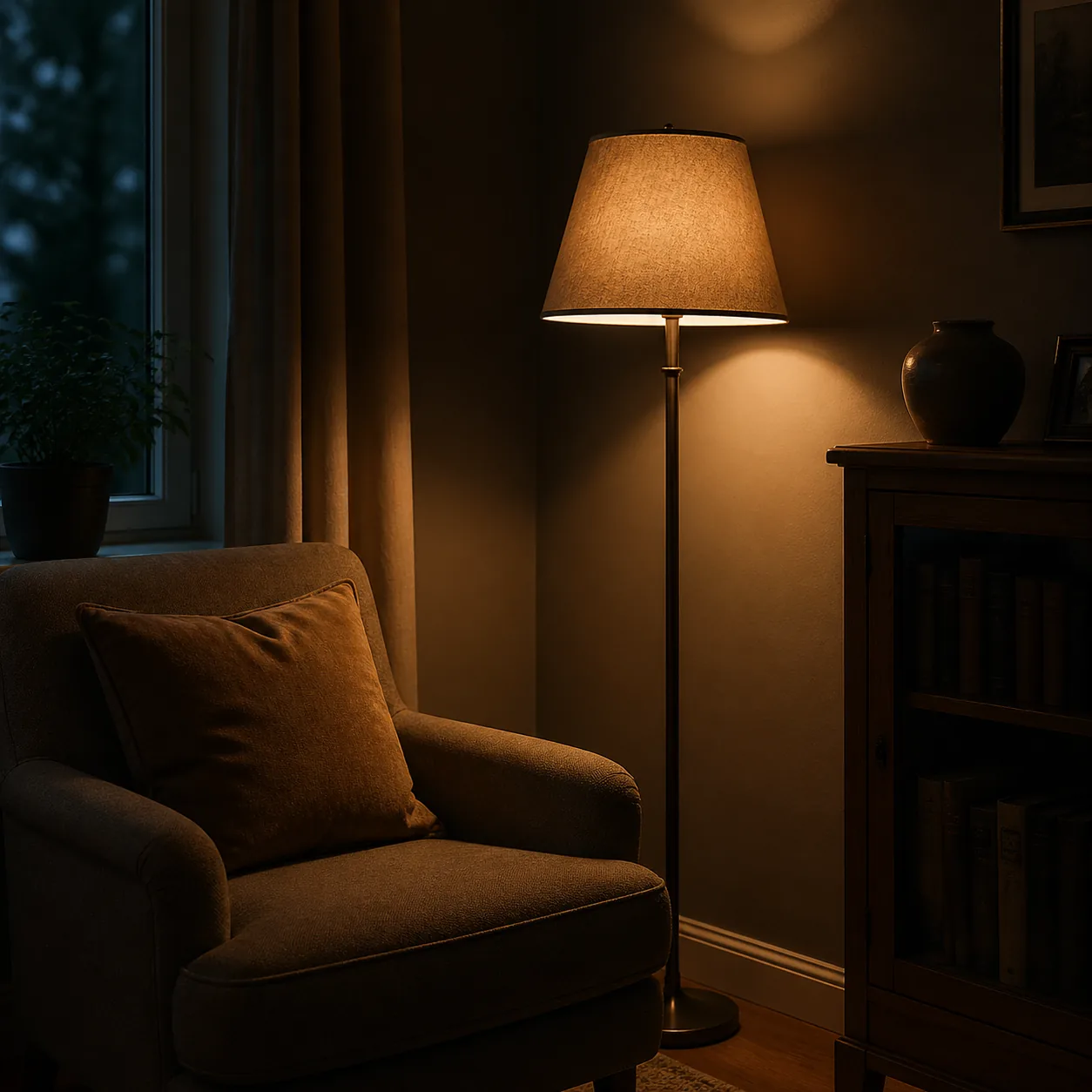 Cozy corner of a living room with a floor lamp illuminating a dark corner, armchair nearby, warm light