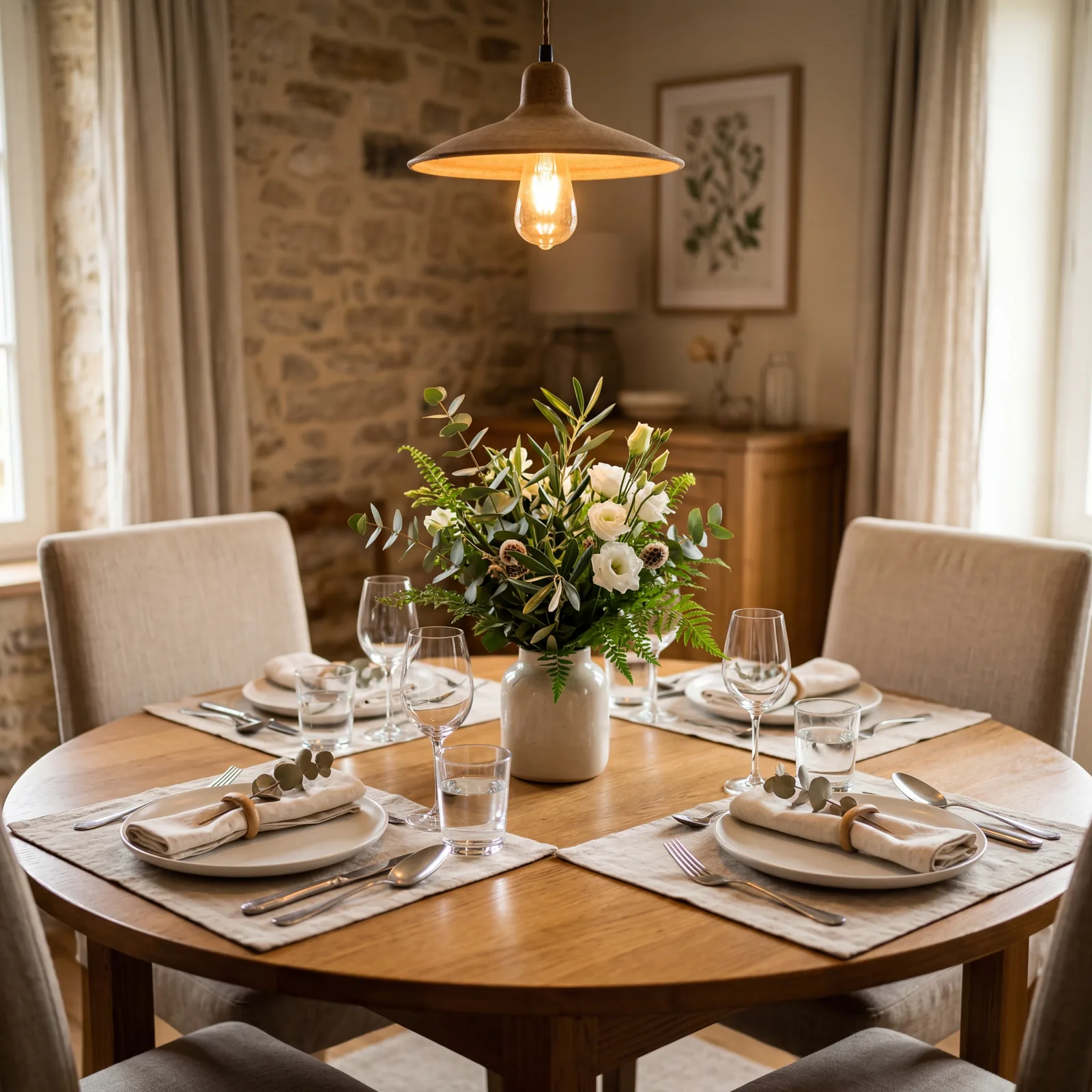 Dining table set with simple neutral placemats, clean white plates, a small centrepiece of fresh greenery, warm dining r