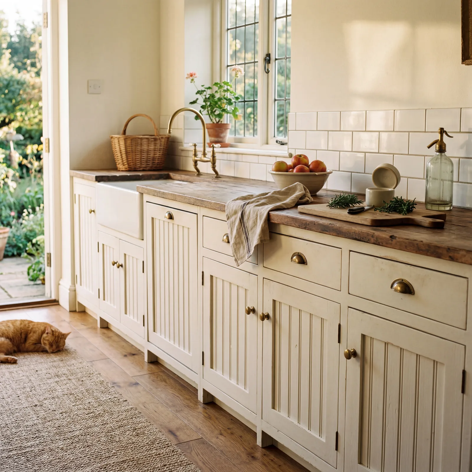 Farmhouse kitchen lower cabinets with white painted beadboard panel inserts, brass hardware, warm afternoon light, domes