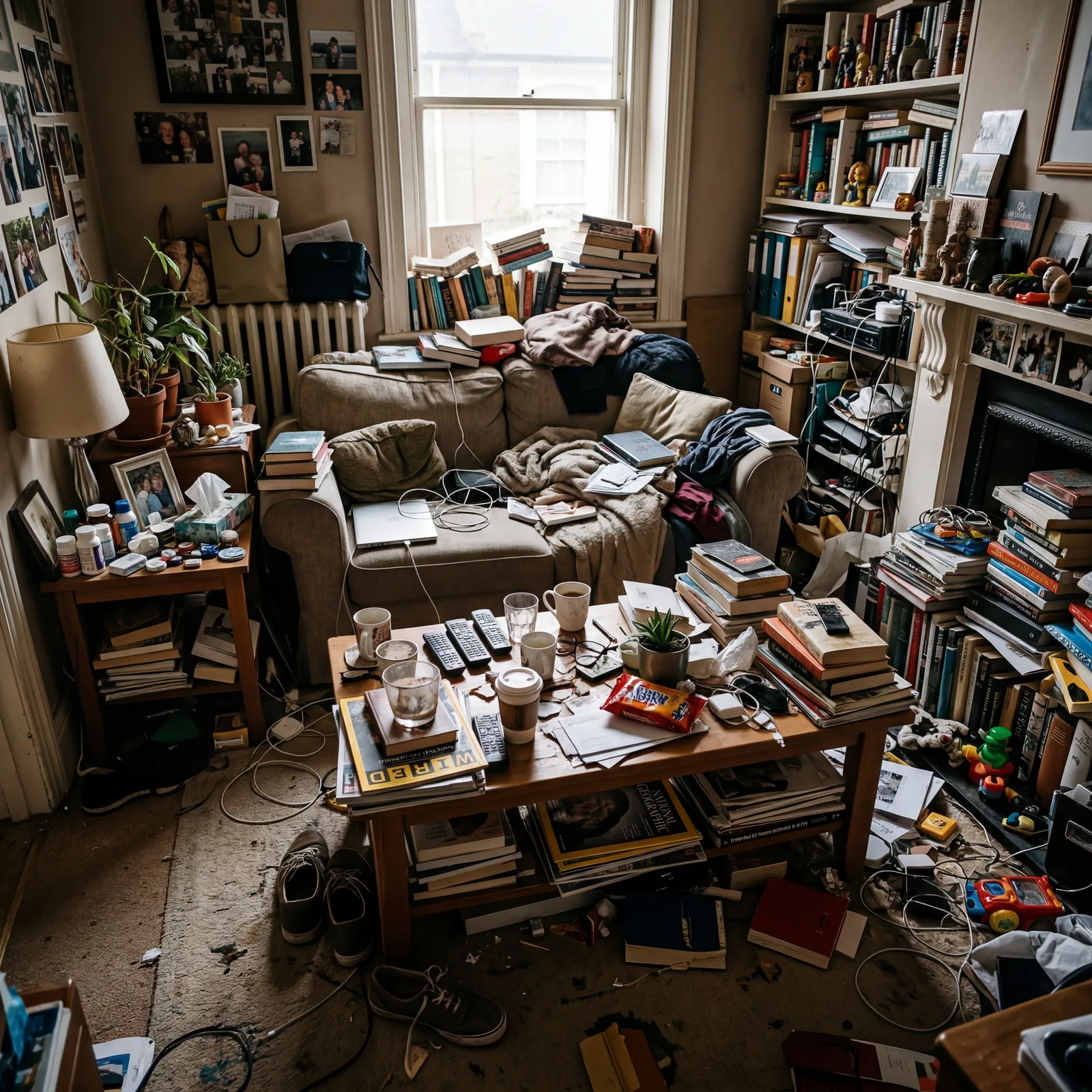 Living room with cluttered surfaces — coffee table, side tables, shelves — covered in objects, the eye having nowhere to