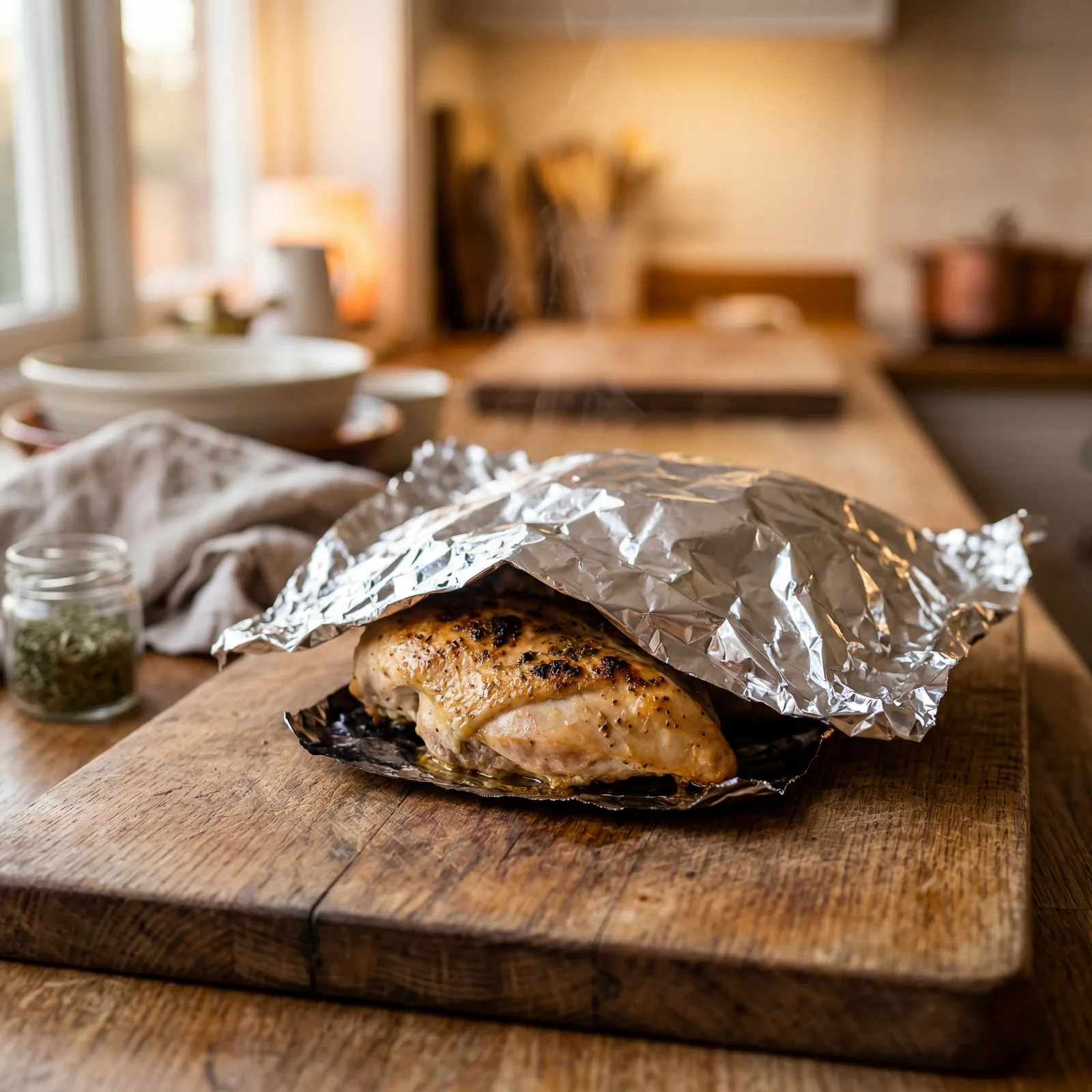 Resting chicken breast on a wooden cutting board covered loosely with foil, warm kitchen light, steam barely visible